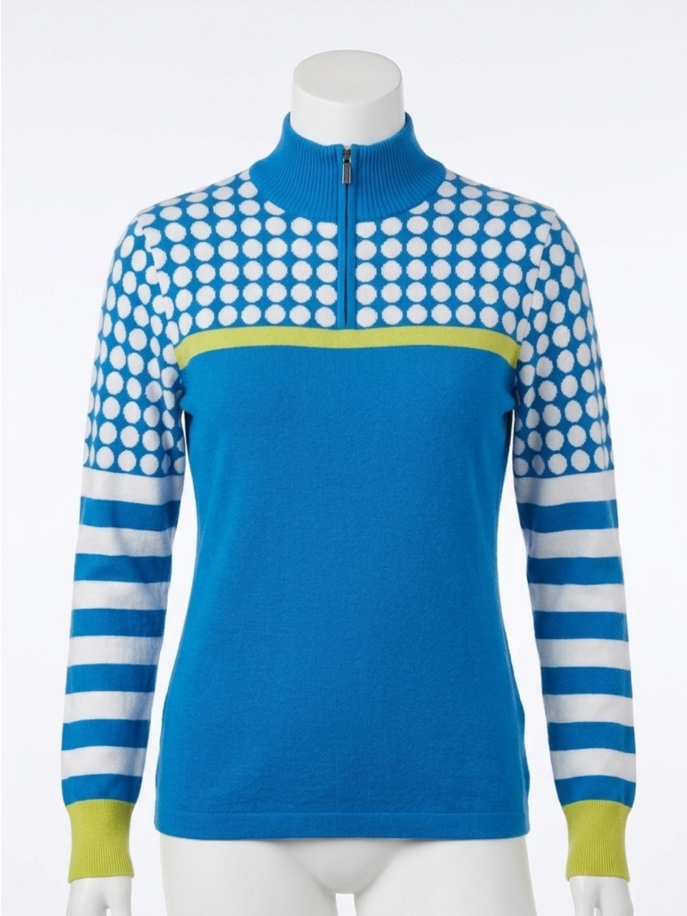 Neve Apres Ski Sweater Blue Polka Dot Striped Half Zip Mock Neck Preppy Size L